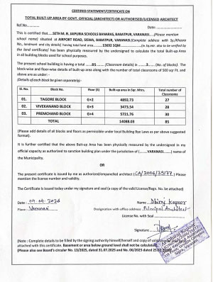 Official certificate page with header and blue stamp, showing a multi-row table of blocks, areas, and floor counts; signatures at bottom.